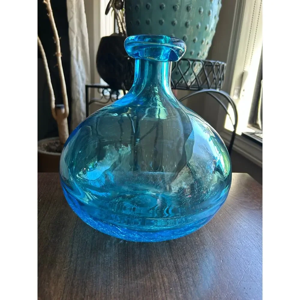 LARGE Blue Demijohn Studio Blown Glass bottle Crackled Bottom Polished Pontil